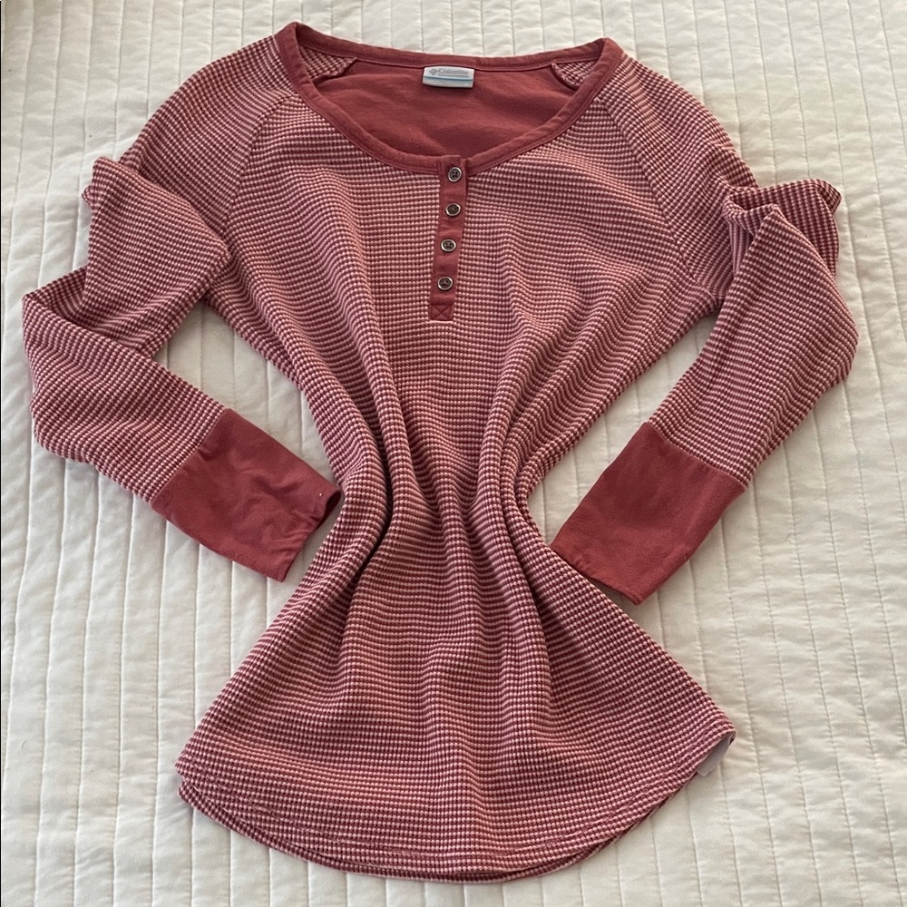 Columbia NWOT Brick & Pink Women's Henley 3/4 button down Stripe L- Sleeve Top L